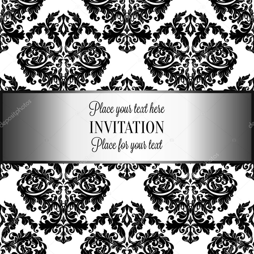 Baroque background with antique, luxury gray, black and metal silver vintage frame, victorian banner, damask floral wallpaper ornaments, invitation card, baroque style booklet, fashion pattern