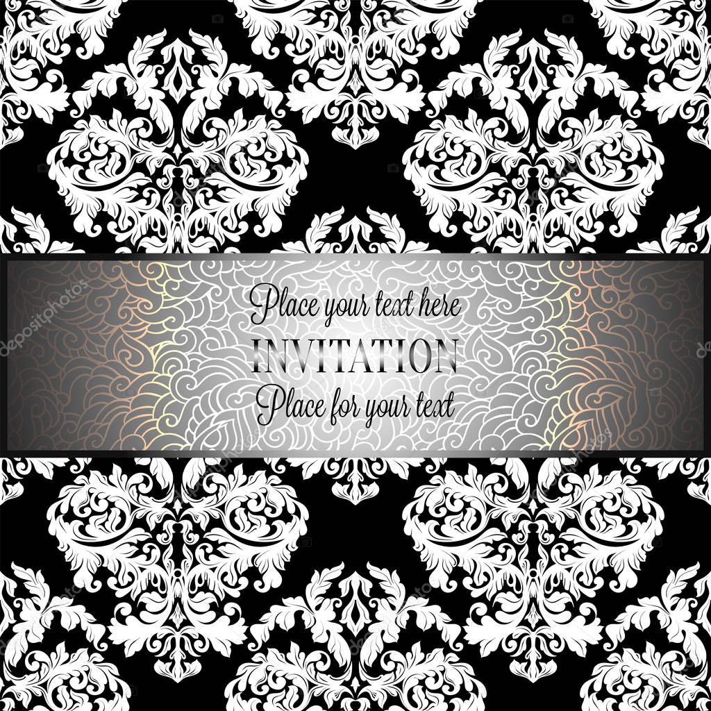 Baroque background with antique, luxury gray, black and metal silver vintage frame, victorian banner, damask floral wallpaper ornaments, invitation card, baroque style booklet, fashion pattern