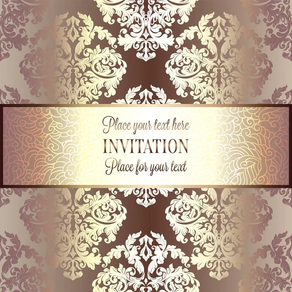 Baroque background with antique, luxury beige and gold vintage frame, victorian banner, damask floral wallpaper ornaments, invitation card, baroque style booklet, fashion pattern, template for design — Stock Vector