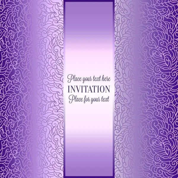 羽壁紙装飾、招待状、バロック様式の小冊子、ファッション パターンで作られた高級紫、ライラック ビンテージ フレーム、ビクトリア朝のバナーとロマンチックな背景 — ストックベクタ