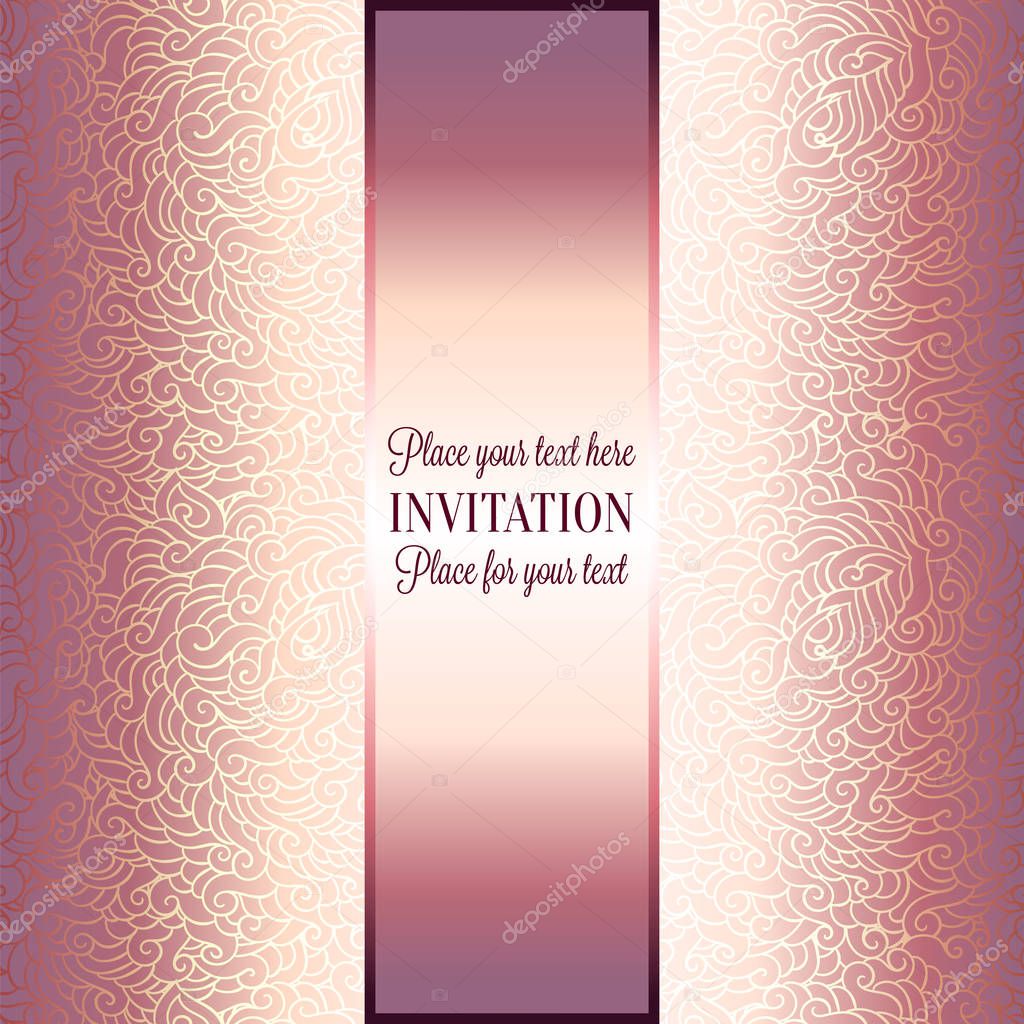 Romantic background with luxury beige and pink vintage frame, victorian banner, made of feathers wallpaper ornaments, invitation card, baroque style booklet, fashion pattern