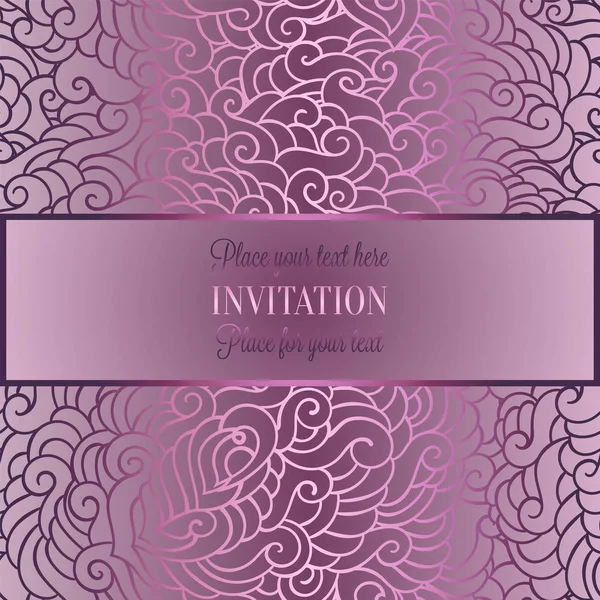 Abstract background with luxury metal pink place for text vintage tracery made of feathers, damask floral wallpaper ornaments, invitation card template, fashion pattern on pink and gray background — Stock Vector