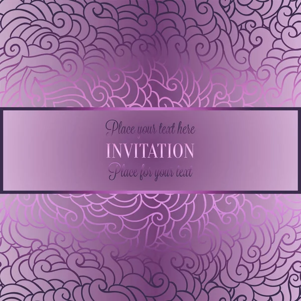 Fond abstrait avec lieu lilas de luxe pour le texte, tracé vintage rose en plumes, ornements de papier peint floral damassé, modèle de carte d'invitation, motif de mode sur fond violet clair — Image vectorielle