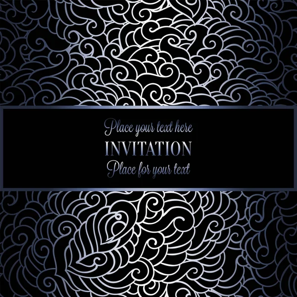 Abstract background with luxury metal silver blue place for text vintage tracery made of feathers, damask floral wallpaper ornaments, invitation card, fashion pattern — Stock Vector