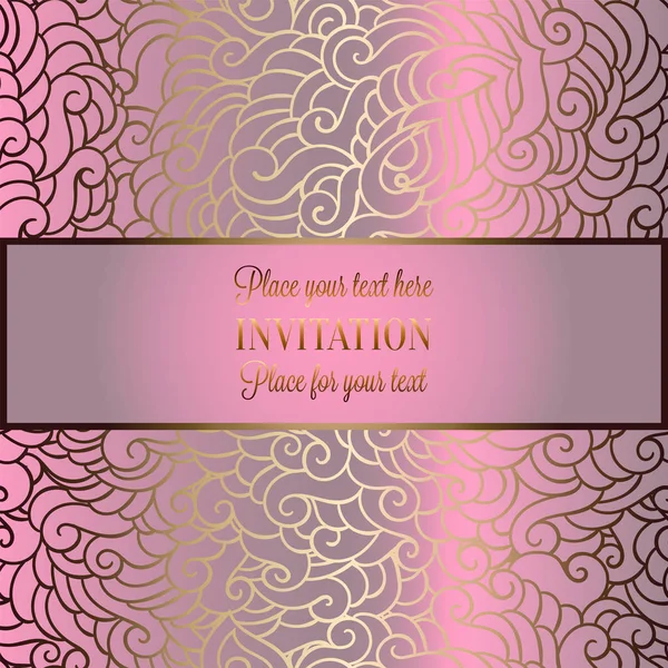 Abstract background with luxury metal pink place for text vintage tracery made of feathers, damask floral wallpaper ornaments, invitation card template, fashion pattern on pink and gray background — Stock Vector