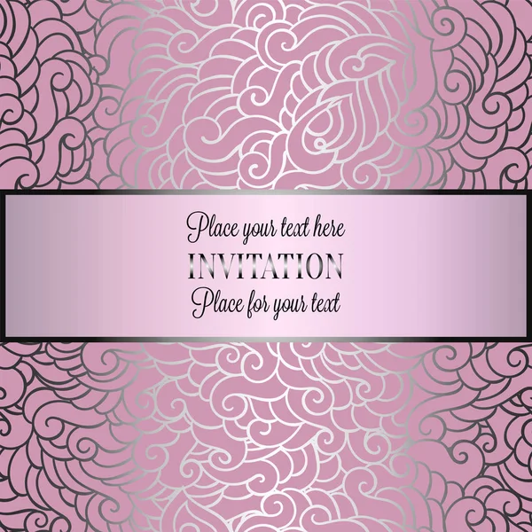 Abstrakter Hintergrund mit Luxus-Metall-rosa Platz für Text Vintage Tracery aus Federn, Damast floralen Tapetenornamenten, Einladungskarte Vorlage, Modemuster auf rosa und grauen Hintergrund — Stockvektor