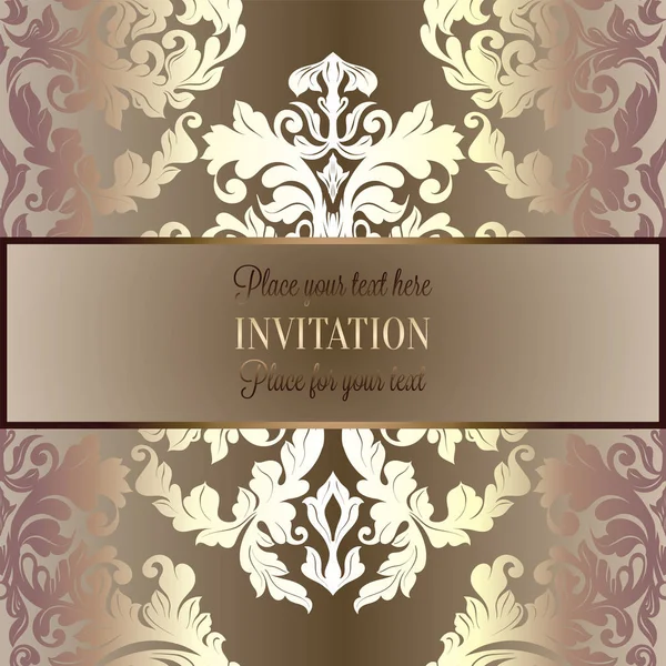 Fond baroque avec cadre vintage antique, beige luxe, marron et or, bannière victorienne, ornements de papier peint floral damassé, carte d'invitation, livret de style baroque, motif de mode — Image vectorielle