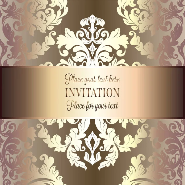 Fond baroque avec cadre vintage antique, beige luxe, marron et or, bannière victorienne, ornements de papier peint floral damassé, carte d'invitation, livret de style baroque, motif de mode — Image vectorielle