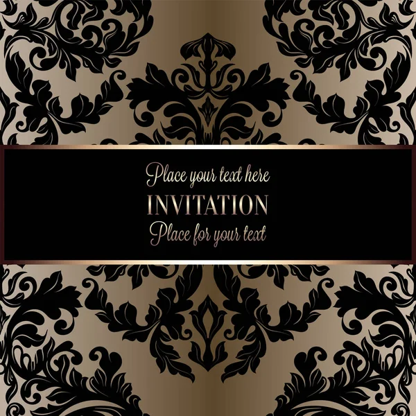 Fond baroque avec cadre vintage antique, noir et or de luxe, bannière victorienne, ornements de papier peint floral damassé, carte d'invitation, livret de style baroque, modèle de mode, modèle pour la conception — Image vectorielle