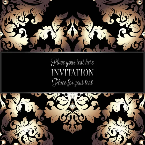 Baroque background with antique, luxury black and gold vintage frame, victorian banner, damask floral wallpaper ornaments, invitation card, baroque style booklet, fashion pattern, template for design — Stock Vector