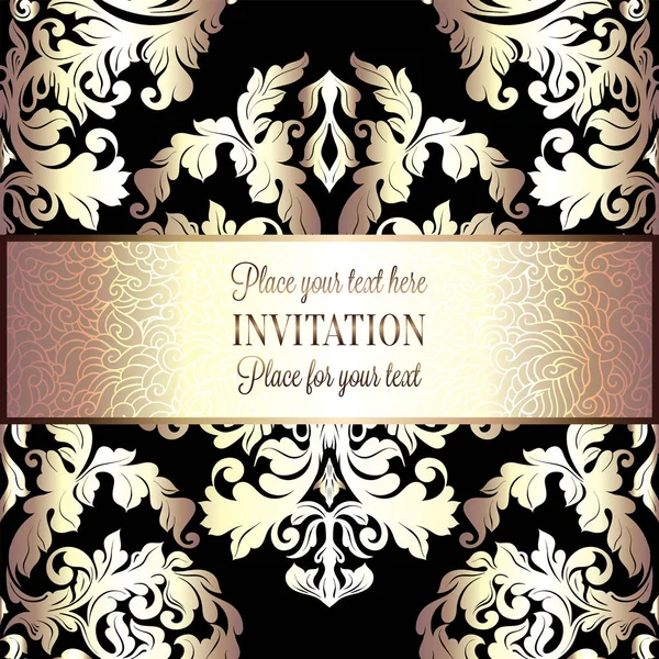 Barokk háttér luxus fekete és arany vintage képkeret, antik, viktoriánus banner, damaszt, virágos tapétával díszek, meghívó, barokk stílusú füzet, divat minta, sablon design — Stock Vector