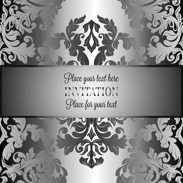 Baroque background with antique, luxury gray and metal silver vintage frame, victorian banner, damask floral wallpaper ornaments, invitation card, baroque style booklet, fashion pattern — Stock Vector