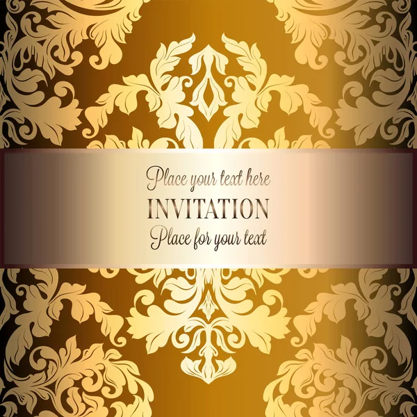 Барокко фон с антикварной, роскошный золотой винтажный каркас, викторианский баннер, дамаска цветочные обои украшения, пригласительные билеты, буклет в стиле барокко, модный узор, шаблон для дизайна — стоковый вектор