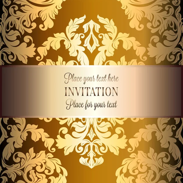 Baroque background with antique, luxury gold vintage frame, victorian banner, damask floral wallpaper ornaments, invitation card, baroque style booklet, fashion pattern, template for design — Stock Vector