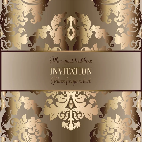Baroque background with antique, luxury beige, brown and gold vintage frame, victorian banner, damask floral wallpaper ornaments, invitation card, baroque style booklet, fashion pattern — Stock Vector