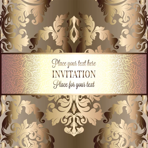 Baroque background with antique, luxury beige, brown and gold vintage frame, victorian banner, damask floral wallpaper ornaments, invitation card, baroque style booklet, fashion pattern — Stock Vector