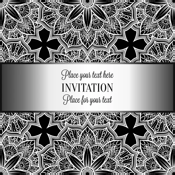 Romantic background with antique, luxury black, gray and metal silver vintage frame, victorian banner, intricate exquisite rococo wallpaper ornaments, invitation card, baroque style booklet, gothic — Stock Vector