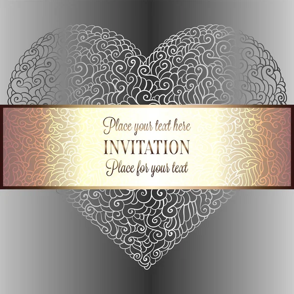 Romantic background with antique, luxury black, metal gold and silver vintage card, victorian banner, heart made of doodle swirls wallpaper ornaments, invitation card, baroque style booklet with text — Stock Vector