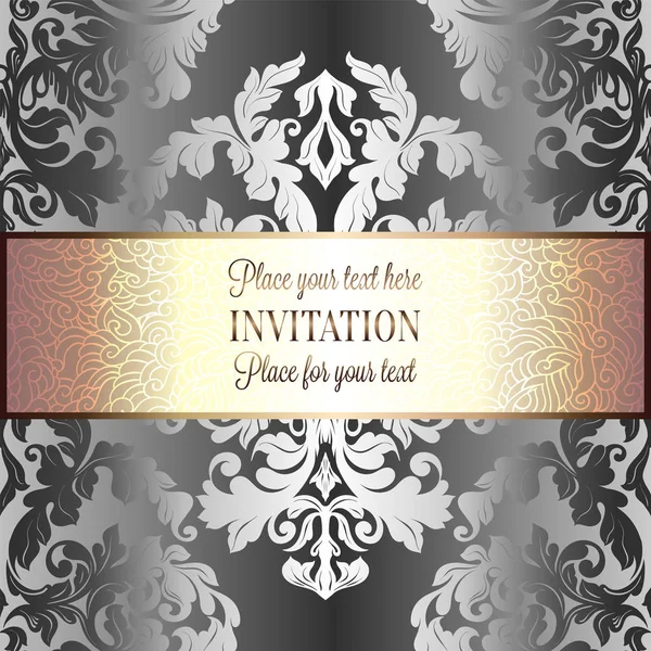 Baroque background with antique, luxury silver and gold vintage frame, victorian banner, damask floral wallpaper ornaments, invitation card, baroque style booklet, fashion pattern — Stock Vector