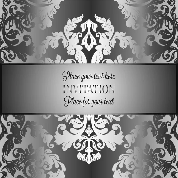 Baroque background with antique, luxury gray and metal silver vintage frame, victorian banner, damask floral wallpaper ornaments, invitation card, baroque style booklet, fashion pattern — Stock Vector