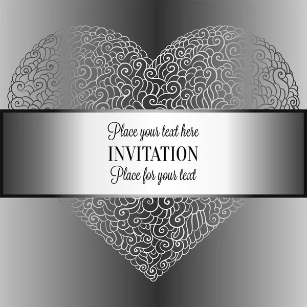 Fondo romántico con tarjeta vintage de plata antigua, negro y metal de lujo, bandera victoriana, corazón hecho de remolinos de garabatos adornos de papel pintado, tarjeta de invitación, folleto de estilo barroco con amor de texto — Vector de stock