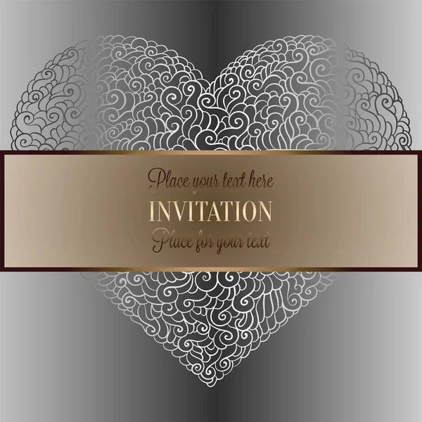Romantic background with antique, luxury black, metal gold and silver vintage card, victorian banner, heart made of doodle swirls wallpaper ornaments, invitation card, baroque style booklet with text — Stock Vector
