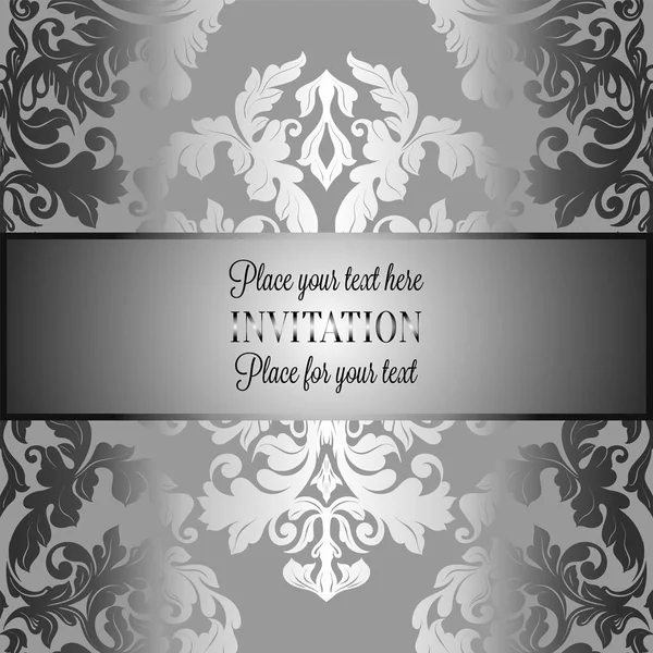 Baroque background with antique, luxury gray and metal silver vintage frame, victorian banner, damask floral wallpaper ornaments, invitation card, baroque style booklet, fashion pattern — Stock Vector