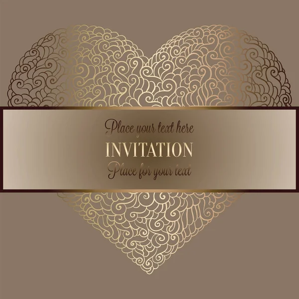 Romantic background with antique, luxury beige and gold vintage frame, victorian banner, heart made of doodle swirls wallpaper ornaments, invitation card, baroque style booklet with text — Stock Vector