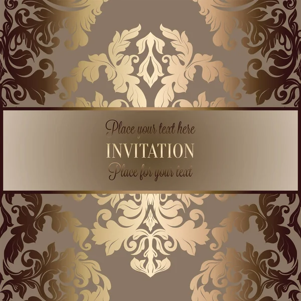 Fondo barroco con marco antiguo, beige de lujo, marrón y oro vintage, bandera victoriana, adornos de papel pintado floral damasco, tarjeta de invitación, folleto de estilo barroco, patrón de moda — Vector de stock