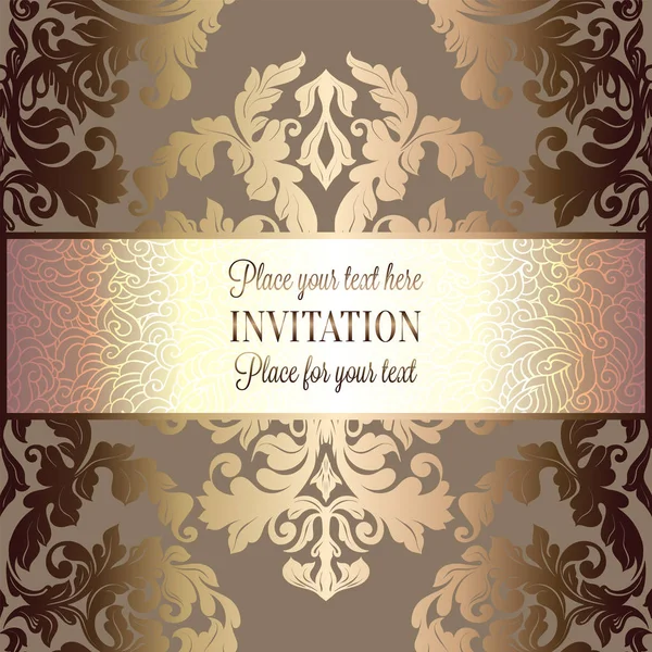 Baroque background with antique, luxury beige, brown and gold vintage frame, victorian banner, damask floral wallpaper ornaments, invitation card, baroque style booklet, fashion pattern — Stock Vector