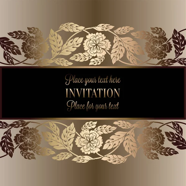 Floral background with antique, luxury black, beige and gold vintage frame, victorian banner, damask floral wallpaper ornaments, invitation card, baroque style booklet, fashion pattern, template — Stock Vector