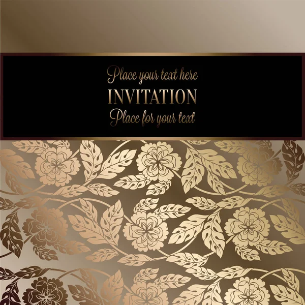 Floral background with antique, luxury black, beige and gold vintage frame, victorian banner, damask floral wallpaper ornaments, invitation card, baroque style booklet, fashion pattern, template — Stock Vector