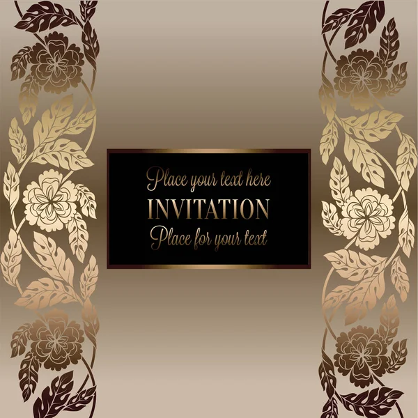 Floral background with antique, luxury black, beige and gold vintage frame, victorian banner, damask floral wallpaper ornaments, invitation card, baroque style booklet, fashion pattern, template — Stock Vector