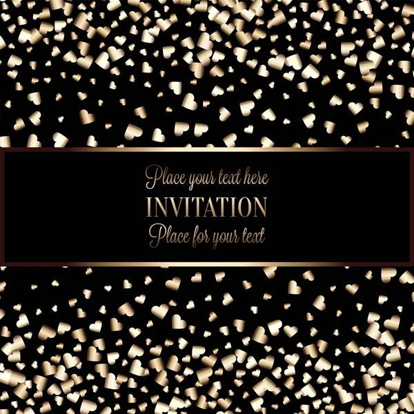 Modèle de carte d'invitation confettis aléatoires coeur dégradé or. Gradient brillant sur fond noir. Parfait pour carte de vœux, bannières, décoration, riche fond d'or en métal doux avec place pour le texte . — Image vectorielle