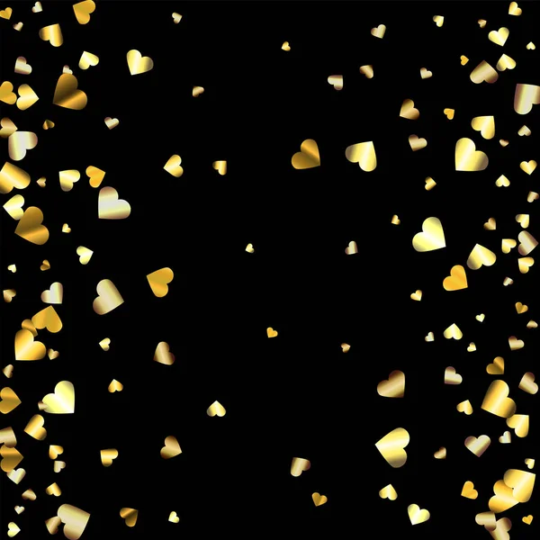 ゴールドのグラデーション ハート ランダム紙吹雪招待壁紙。黒い背景に光沢のあるグラデーション。グリーティング カード、バナー、装飾、金属金の柔らかい豊かな背景に最適 — ストックベクタ