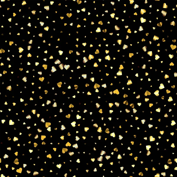 Coeurs dégradés d'or confettis aléatoires motif sans couture. Gradient brillant sur fond noir. Parfait pour carte de vœux, bannières, décoration, riche fond d'or en métal doux — Image vectorielle