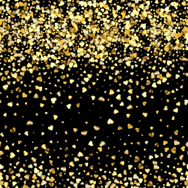 Coeurs dégradés d'or confettis aléatoires motif sans couture. Gradient brillant sur fond noir. Parfait pour carte de vœux, bannières, décoration, riche fond d'or en métal doux — Image vectorielle