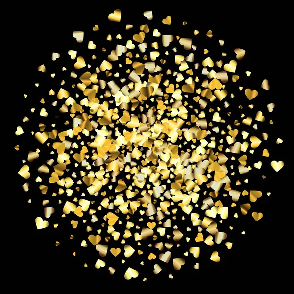 Coeurs en dégradé d'or confettis aléatoires en forme de cercle. Gradient brillant sur fond noir. Parfait pour invitation ou carte de vœux, bannières, décoration, riche fond d'or en métal doux . — Image vectorielle