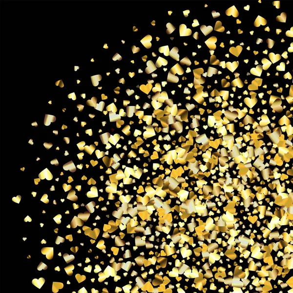 Coeurs en dégradé d'or confettis aléatoires coin inférieur droit. Gradient brillant sur fond noir. Parfait pour invitation ou carte de vœux, bannières, décoration, riche fond d'or en métal doux . — Image vectorielle