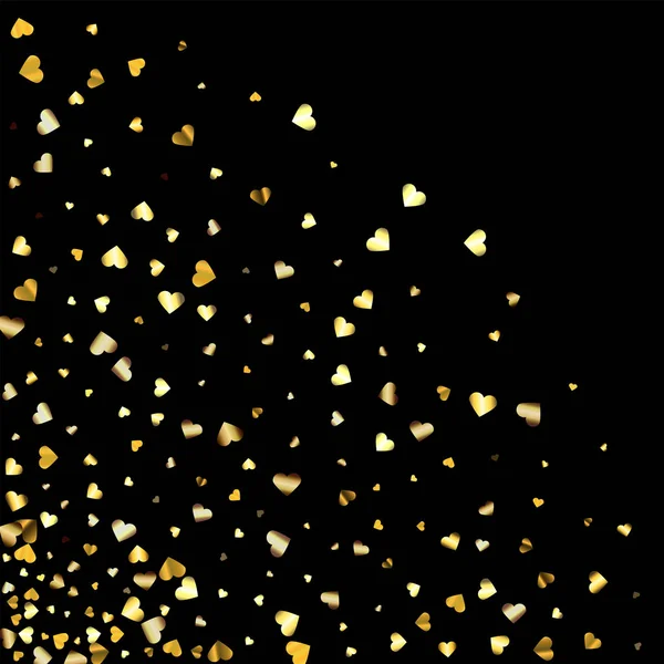 Coeurs en dégradé d'or confettis aléatoires coin inférieur gauche. Gradient brillant sur fond noir. Parfait pour invitation ou carte de vœux, bannières, décoration, riche fond d'or en métal doux . — Image vectorielle