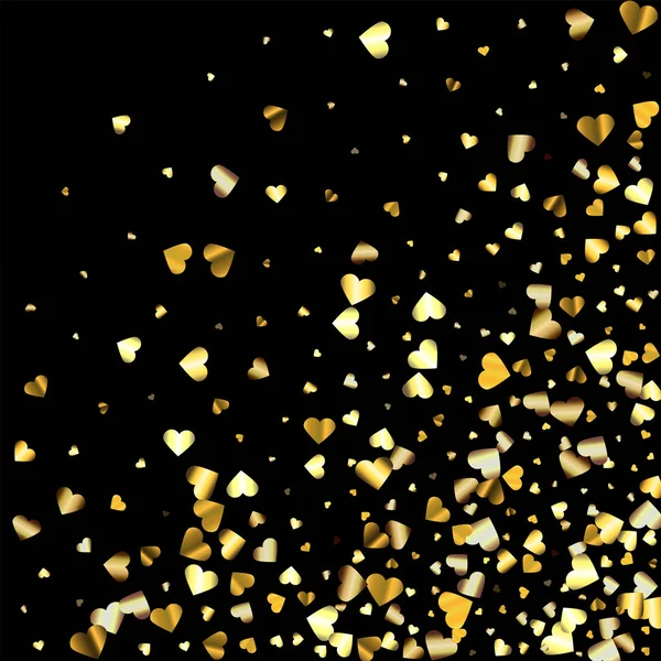 Coeurs en dégradé d'or confettis aléatoires coin inférieur droit. Gradient brillant sur fond noir. Parfait pour invitation ou carte de vœux, bannières, décoration, riche fond d'or en métal doux . — Image vectorielle