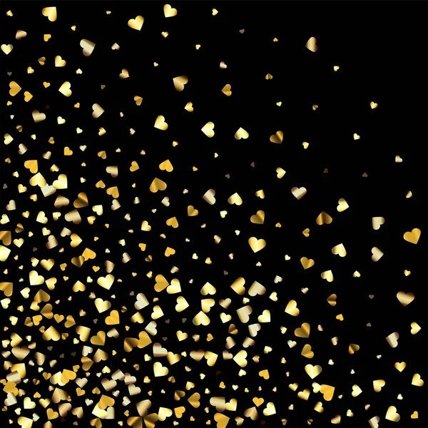 Coeurs en dégradé d'or confettis aléatoires coin inférieur gauche. Gradient brillant sur fond noir. Parfait pour invitation ou carte de vœux, bannières, décoration, riche fond d'or en métal doux . — Image vectorielle