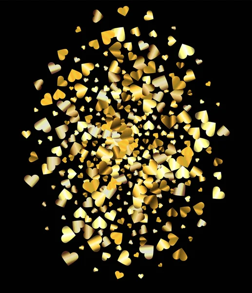 Coeurs en dégradé d'or confettis aléatoires en forme ovale. Gradient brillant sur fond noir. Parfait pour invitation ou carte de vœux, bannières, décoration, riche fond d'or en métal doux . — Image vectorielle