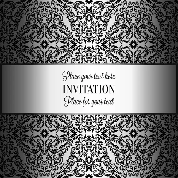 Baroque background with antique, luxury black and metal silver vintage frame, victorian banner, damask floral wallpaper ornaments, invitation card, baroque style booklet, fashion pattern, template for — Stock Vector