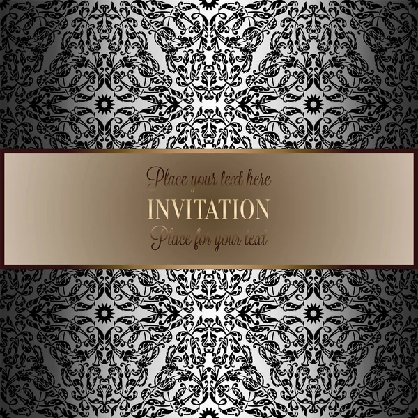 Baroque background with antique, luxury black and metal silver vintage frame, victorian banner, damask floral wallpaper ornaments, invitation card, baroque style booklet, fashion pattern, template for — Stock Vector