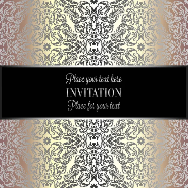 Baroque background with antique, luxury beige and metal gold vintage frame, victorian banner, damask floral wallpaper ornaments, invitation card, baroque style booklet, fashion pattern, template — Stock Vector