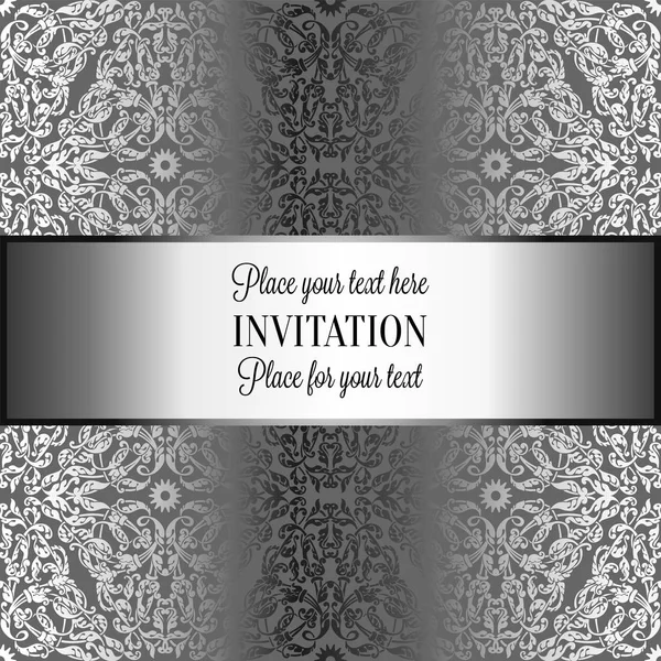 Baroque background with antique, luxury black and metal silver vintage frame, victorian banner, damask floral wallpaper ornaments, invitation card, baroque style booklet, fashion pattern, template for — Stock Vector