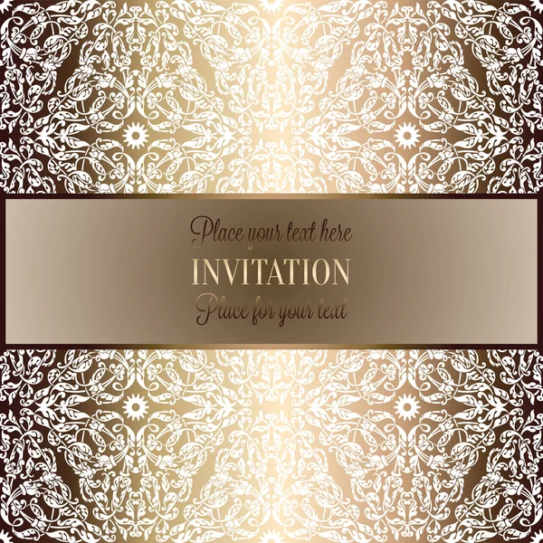 Barockhintergrund mit antikem, luxuriösem Beige- und Metallgold-Vintage-Rahmen, viktorianischem Banner, Damastfloralen Tapetenornamenten, Einladungskarte, Barockstil-Booklet, Modemuster, Vorlage — Stockvektor