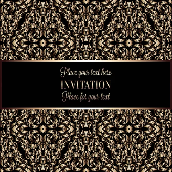 Baroque background with antique, luxury beige and metal gold vintage frame, victorian banner, damask floral wallpaper ornaments, invitation card, baroque style booklet, fashion pattern, template — Stock Vector