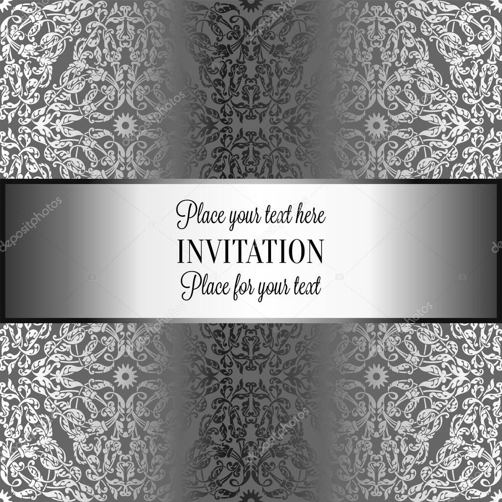 Baroque background with antique, luxury black and metal silver vintage frame, victorian banner, damask floral wallpaper ornaments, invitation card, baroque style booklet, fashion pattern, template for